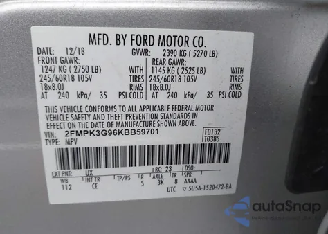 2019 Ford Edge Se z USA, uszkodzony, nr VIN 2FMPK3G96KBB59701
